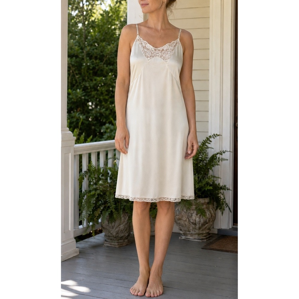 1970's Vtg JCPenney Ivory Nylon Knee Length Slip Dress Lace Antron Nylon 36/14